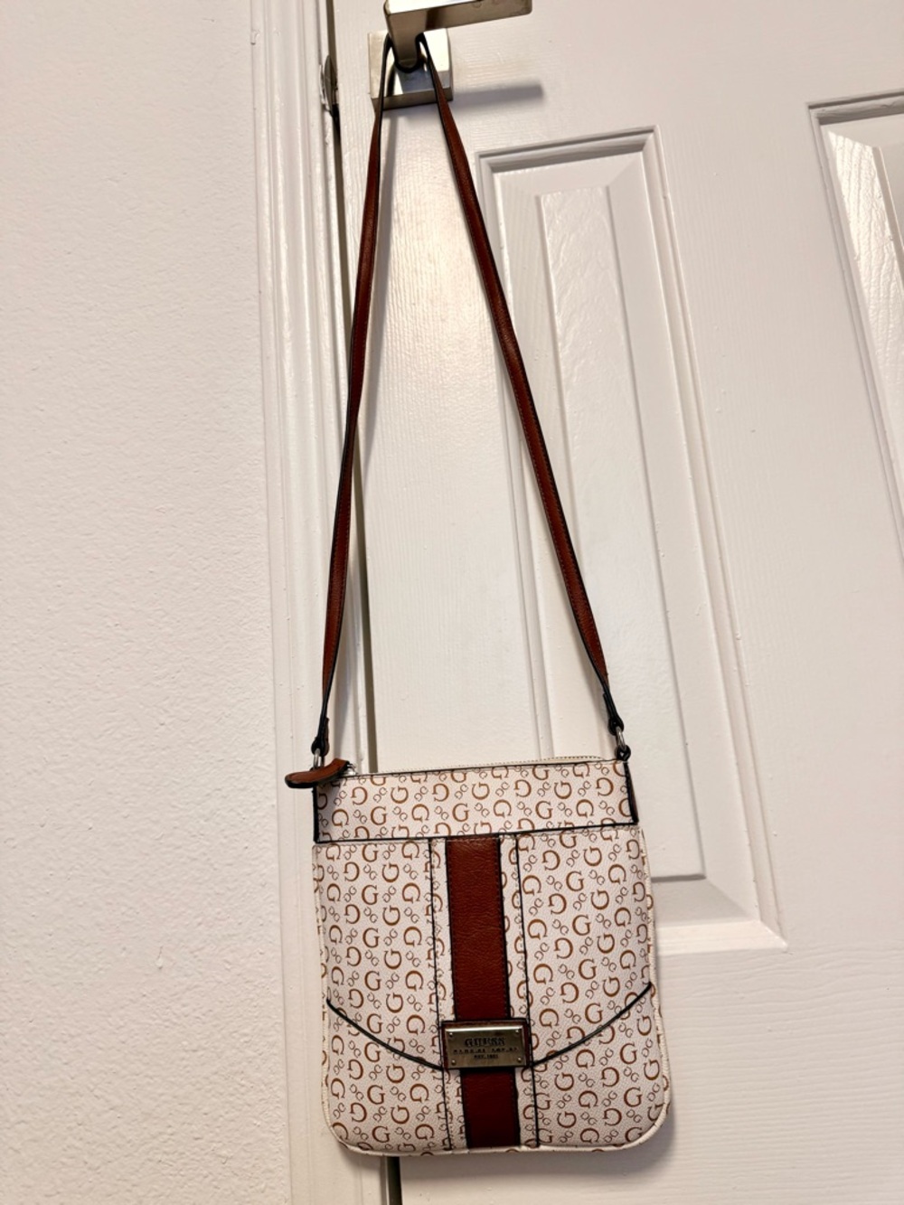Guess Crossbody Shoulder Bag in Monogrammed Cream and Brown Design